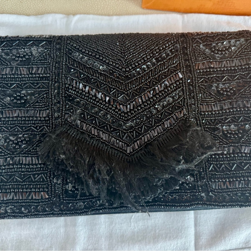 Black Beaded Clutch with Fringe